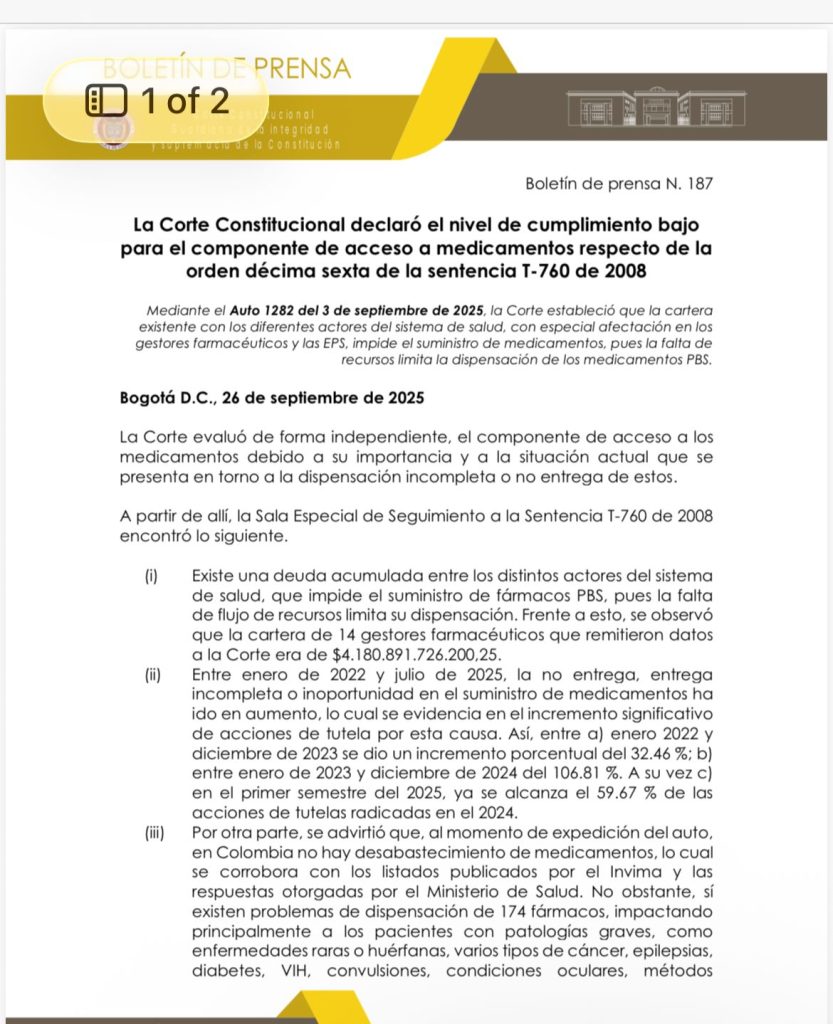 Corte Constitucional alerta sobre bajo cumplimiento en el acceso a medicamentos en Colombia 1 G1xzWRgWUAAKPvr 1