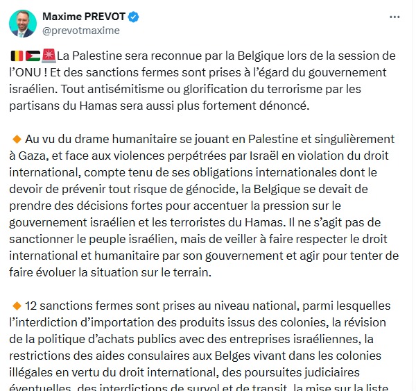 Bélgica anunciará reconocimiento del Estado de Palestina y aplicará sanciones contra Israel y Hamás durante Asamblea General de la ONU 1 GzzcNZdXgAEofge