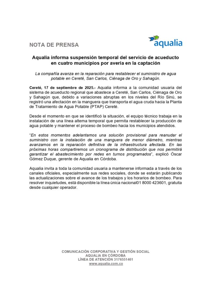 Aqualia trabaja a contrarreloj para restablecer el agua en Cereté, San Carlos, Ciénaga de Oro y Sahagún 1 WhatsApp Image 2025 09 17 at 4.44.31 PM 724x1024 1