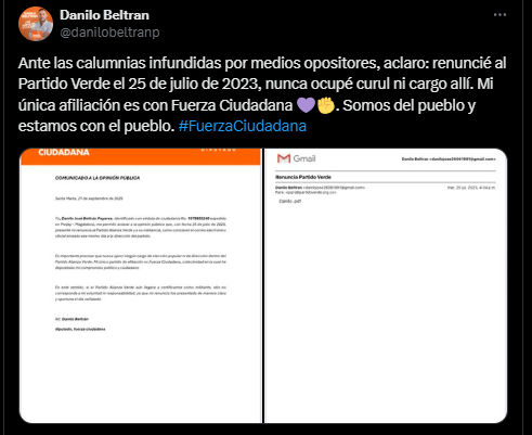 Danilo Beltrán responde a acusaciones: “Renuncié al Partido Verde en julio de 2023; mi única afiliación es con Fuerza Ciudadana” 1 image 6