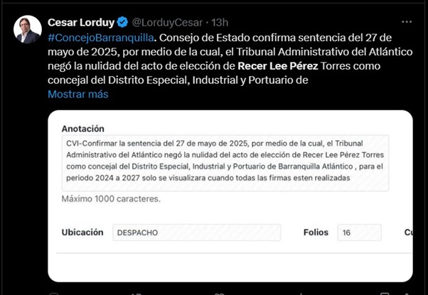 Se queda en su curul: Consejo de Estado ratifica elección de Recer Lee Pérez como concejal de Barranquilla 1 image 71 1
