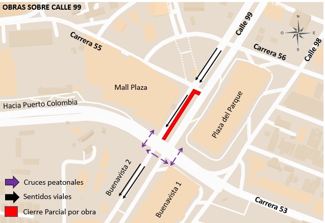 Por obras de pavimentación, cierres parciales en la calle 99 y en la carrera 53 1 Calzada occidental calle 99 entre carreras 55 y 53