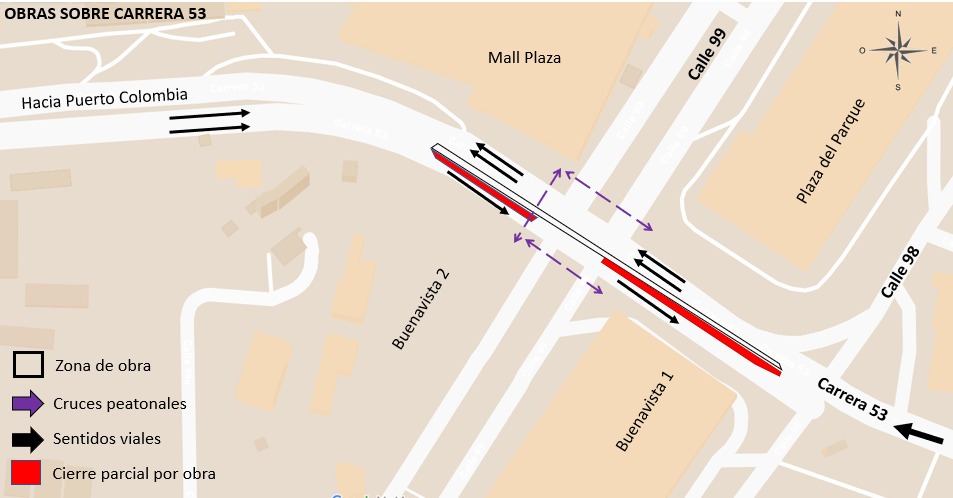 Por obras de pavimentación, cierres parciales en la calle 99 y en la carrera 53 2 Calzada sur carrera 53 entre calles 98 y 100