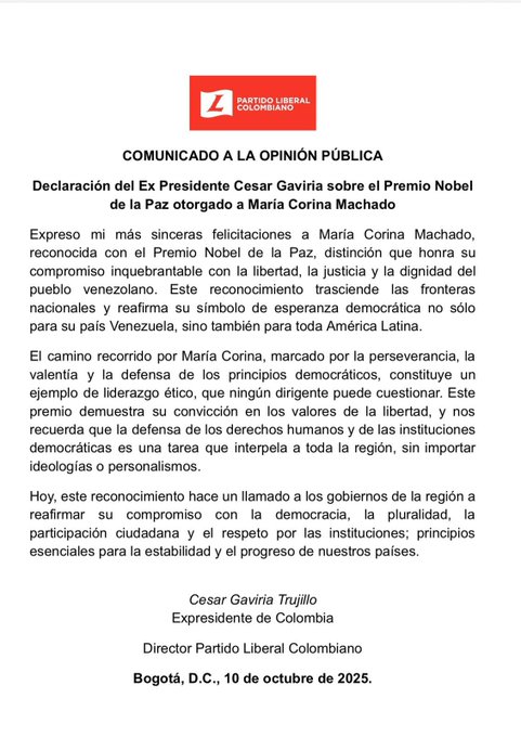 César Gaviria felicita a María Corina Machado: “Un Nobel que trasciende fronteras” 1 G257U6TWEAADMcX