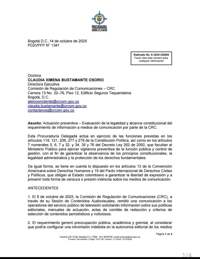 Procuraduría lanza dura advertencia a la CRC por intento de “vigilar” contenidos de medios: alerta riesgo a la libertad de prensa 1 G3OyMheWIAA q6F