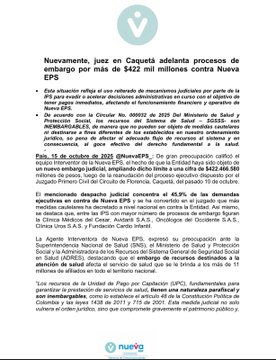 Juzgado en Caquetá embarga más de $422 mil millones a Nueva EPS: la entidad denuncia concentración de procesos en un solo despacho 1 G3YzD8wWsAAmYdR 1