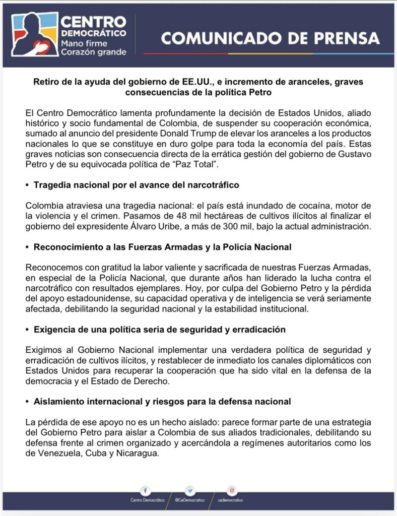 Centro Democrático culpa a Petro por crisis con EE. UU.: “Sus errores le están costando caro al país” 1 G3tD7RNXcAAT7 s