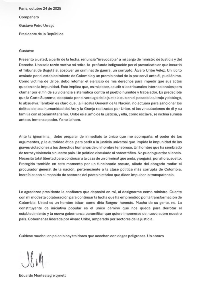 MinJusticia Eduardo Montealegre presenta renuncia irrevocable y acusa al establecimiento de proteger a Álvaro Uribe 1 G4CgBa XYAAw8Zv 3
