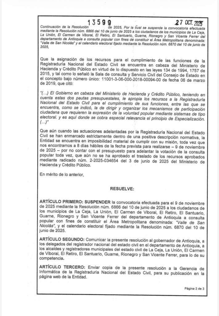 Registraduría suspende consulta para crear el área metropolitana “Valle de San Nicolás” en Antioquia 2 G4WJ0dPWYAAGqhh