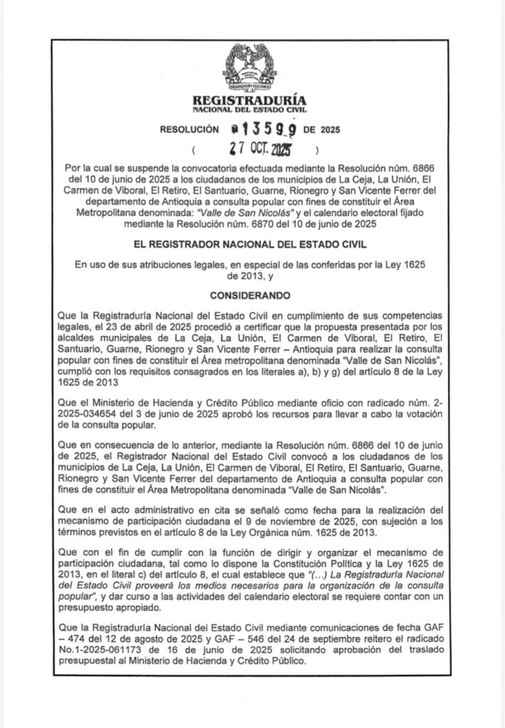 Registraduría suspende consulta para crear el área metropolitana “Valle de San Nicolás” en Antioquia 1 G4WJxxMXgAAfAdM