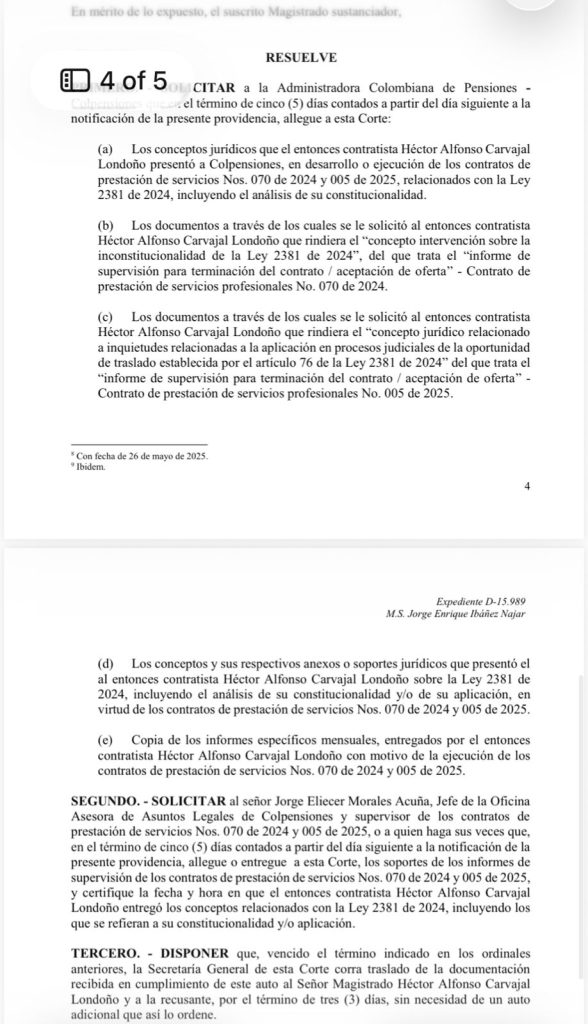 Corte pide a Colpensiones revelar contratos de Héctor Carvajal antes de su llegada al alto tribunal 2 G4Xw4r2WIAAQ3I2