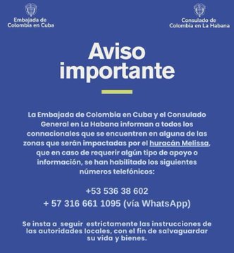 Cancillería activa líneas de atención para colombianos ante el paso del Huracán Melissa 2 G4bMveOXcAAoza 1 1
