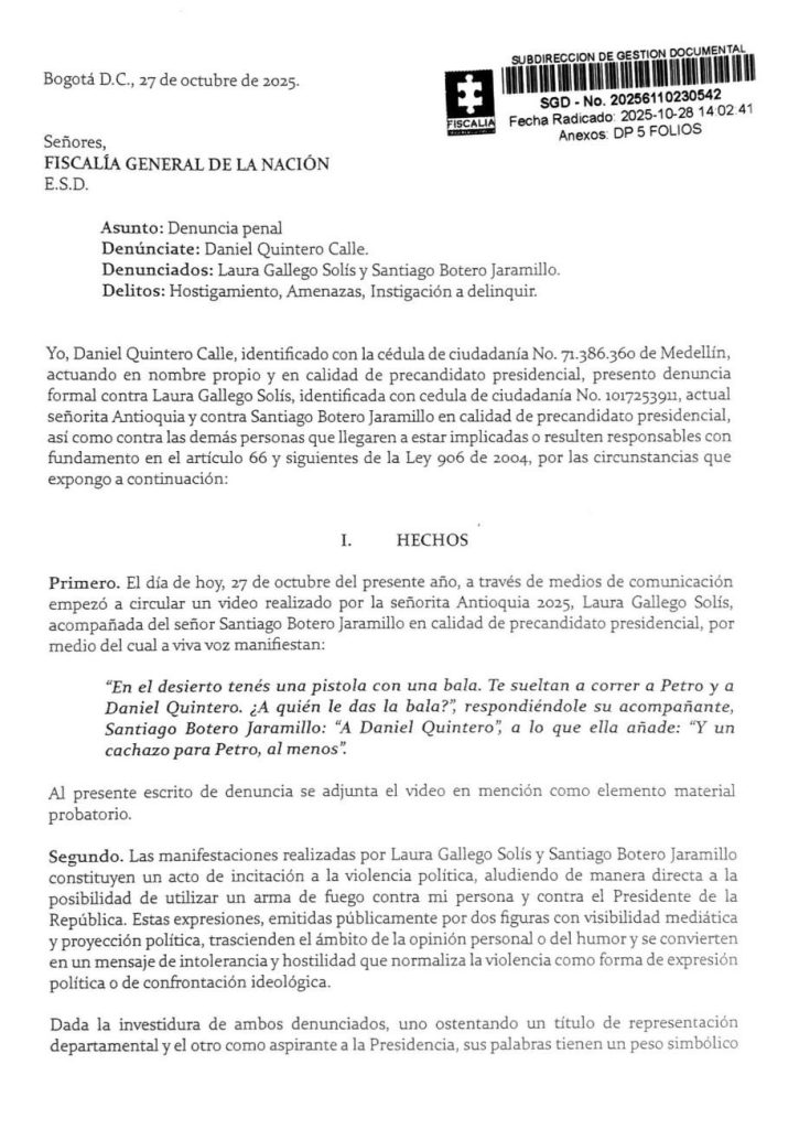 Daniel Quintero denuncia a exseñorita Antioquia y a Santiago Botero por presunta instigación a la violencia política 1 G4c7heeXUAAzoJV