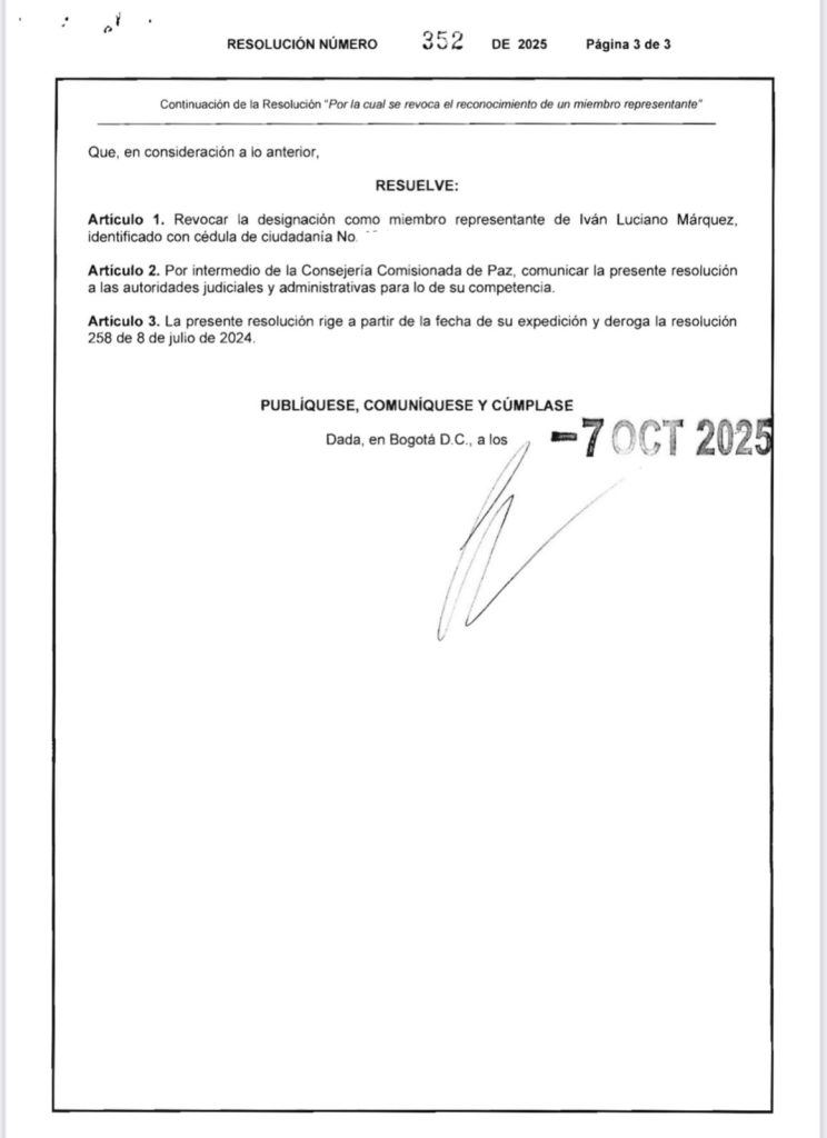 Gobierno revoca designación de ‘Iván Márquez’ como negociador de paz de la ‘Segunda Marquetalia’ 1 Resolucion 1