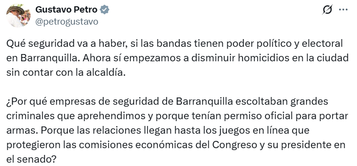 Entre paz y balas: Char y Petro se enfrentan por la violencia que sacude a Barranquilla 1 Trino petro