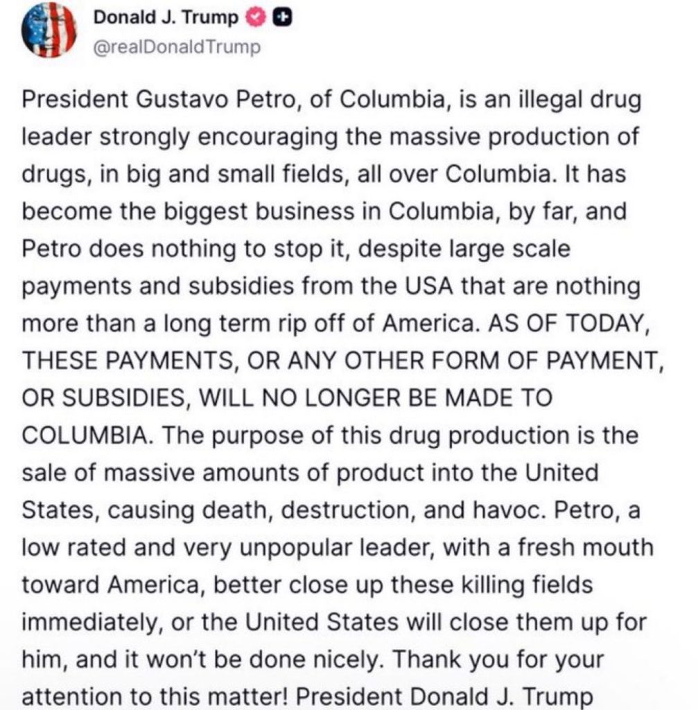 “¡Adiós subsidios, hola crisis!”: Donald Trump corta toda ayuda a Colombia y acusa a Gustavo Petro de liderar el narcotráfico 2 db57e830 49a6 43fe 8031 f5c2c2cc6461 1