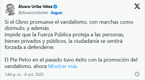 Uribe a Petro: “La ciudadanía se sentirá forzada a defenderse” por desmanes en marchas propalestina 1 image 41