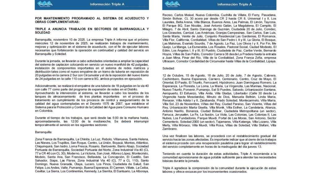 Triple A suspenderá el servicio de acueducto en Barranquilla y Soledad este miércoles 12 de noviembre 1 111 241