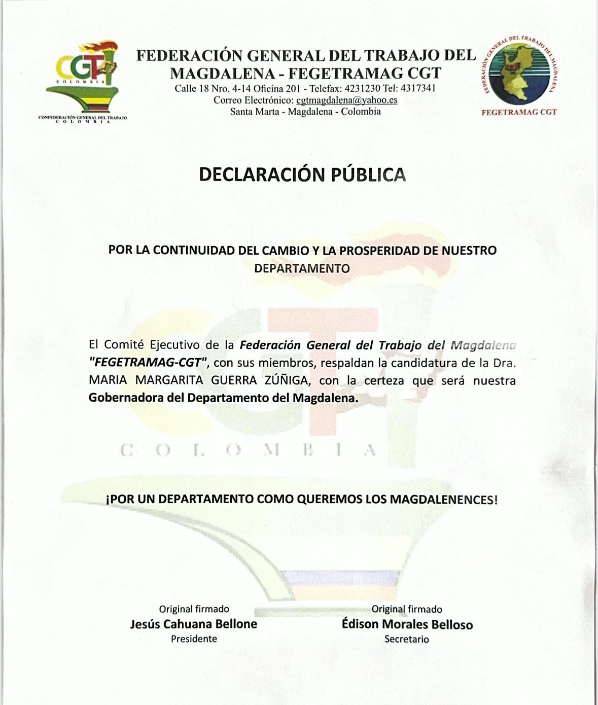 FEGETRAMAG-CGT anuncia respaldo a Margarita Guerra para la Gobernación del Magdalena 1 269d0e5e 0941 4cac 8d87 e99335337150 1