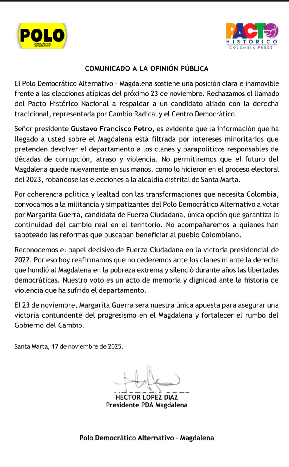 Pacto Histórico se queda sin bases en el Magdalena: militantes del Polo rechazan alianza con Cambio Radical y CD y cierran filas con Margarita Guerra 1 3f4b11e6 8d68 4fee 8b11 0e2777175bdc