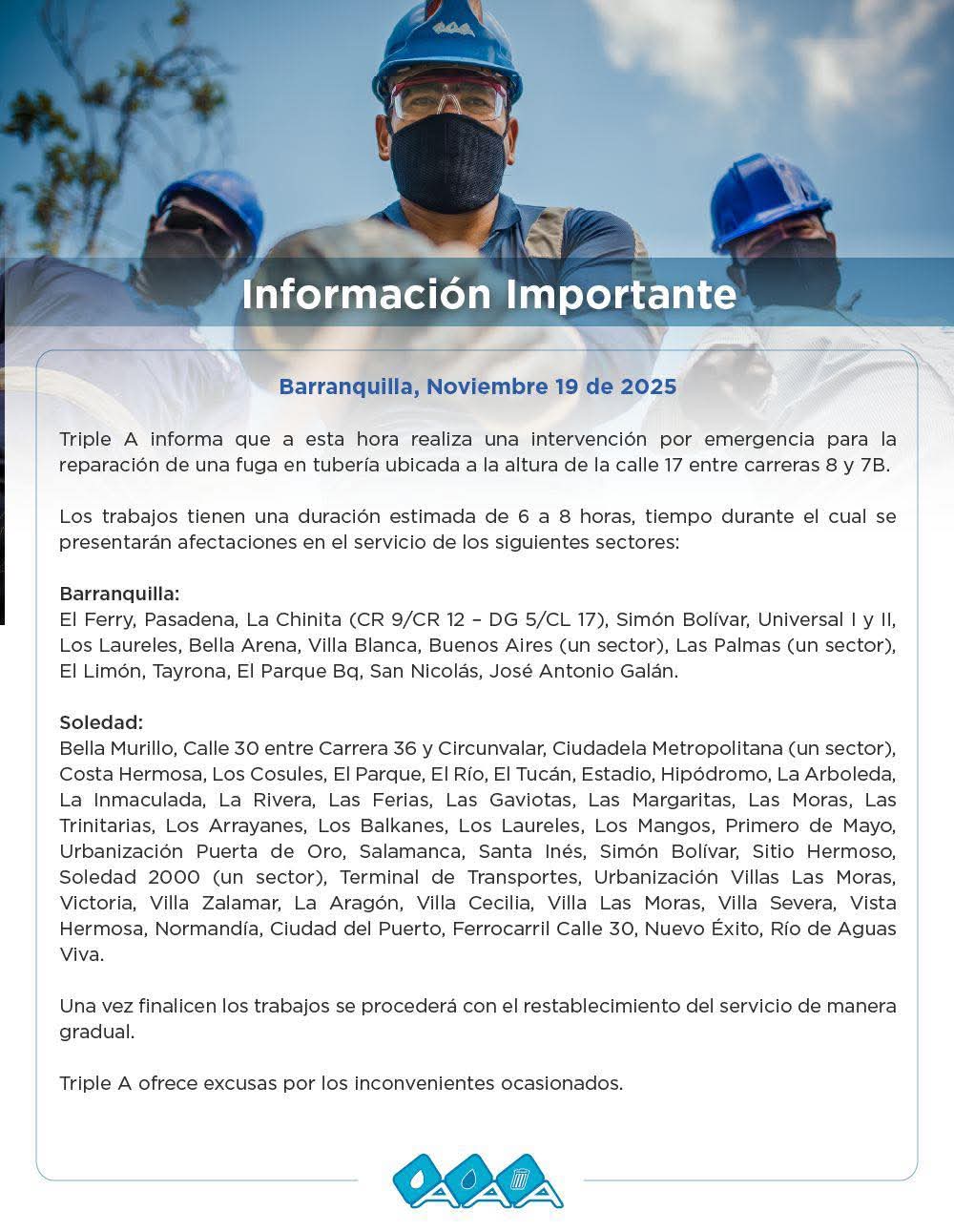 Triple A atiende emergencia por fuga en tubería y anuncia suspensiones de agua en Barranquilla y Soledad 1 63e15e99 70f4 4545 8d4c c5d4ba1d59ca