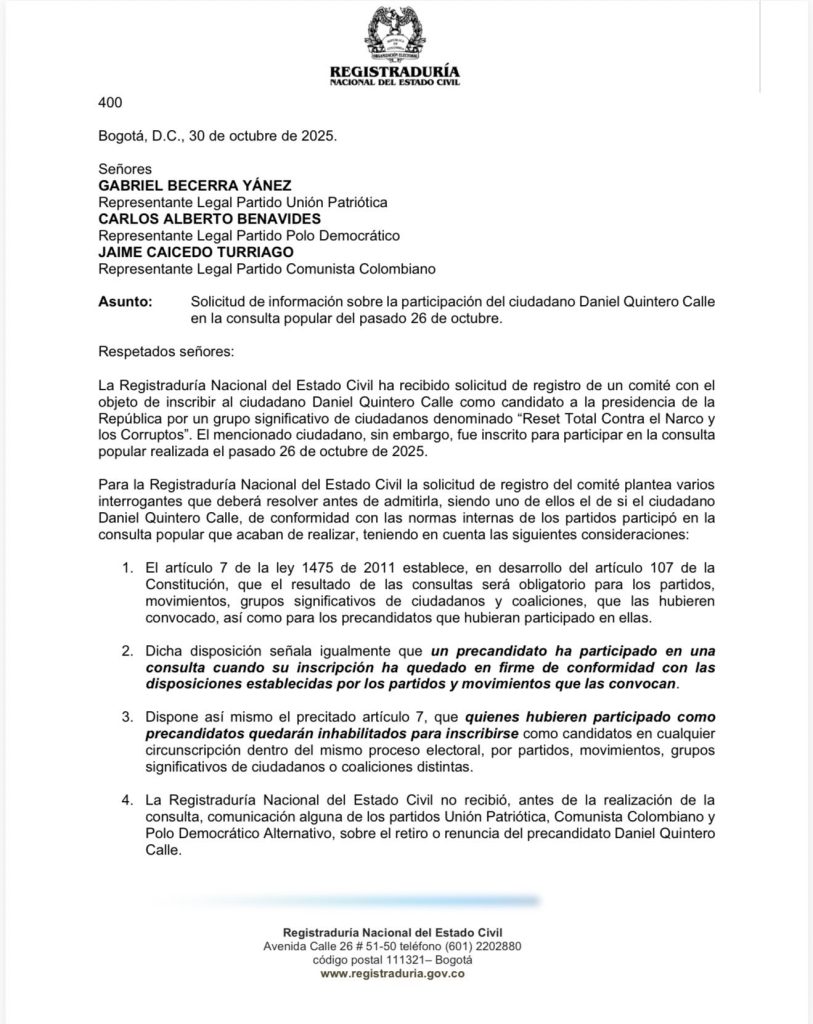 ¿Inhabilitado? Registraduría pide aclarar si Daniel Quintero violó la Ley Electoral 1 G4nBlXAWcAAm8 H