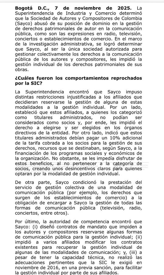 Multa histórica: Superindustria sanciona a Sayco y a ocho de sus directivos con más de $5.300 millones 1 G5Jf18MWYAAr7Jt 1