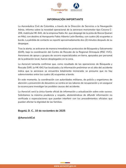 Avioneta con funcionarios de la Registraduría se accidentó en Vaupés: no hubo sobrevivientes 1 G5bOm3kWMAAXQJ8