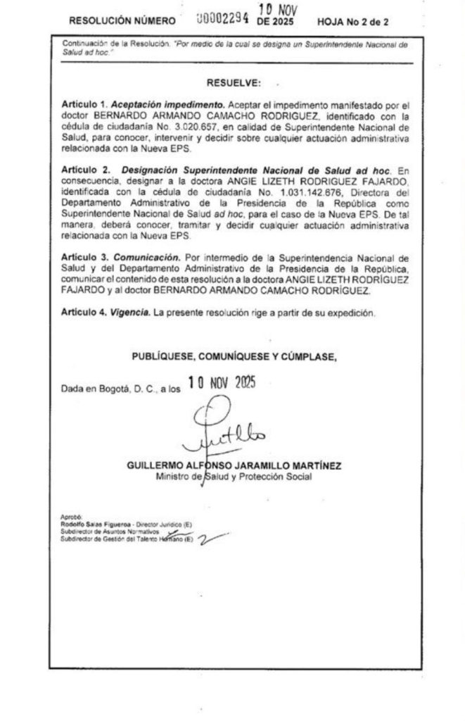 Gobierno designa a Angie Rodríguez como superintendente de Salud ad hoc para decisiones sobre Nueva EPS 2 G5gDITKWoAAsLHx