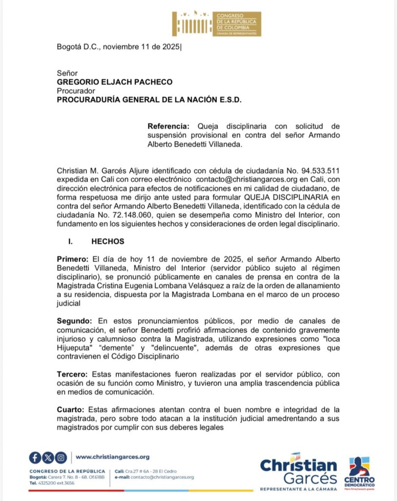 Representante Christian Garcés denuncia ante la Procuraduría al ministro Armando Benedetti 1 G5gFWQhWgAErg8j