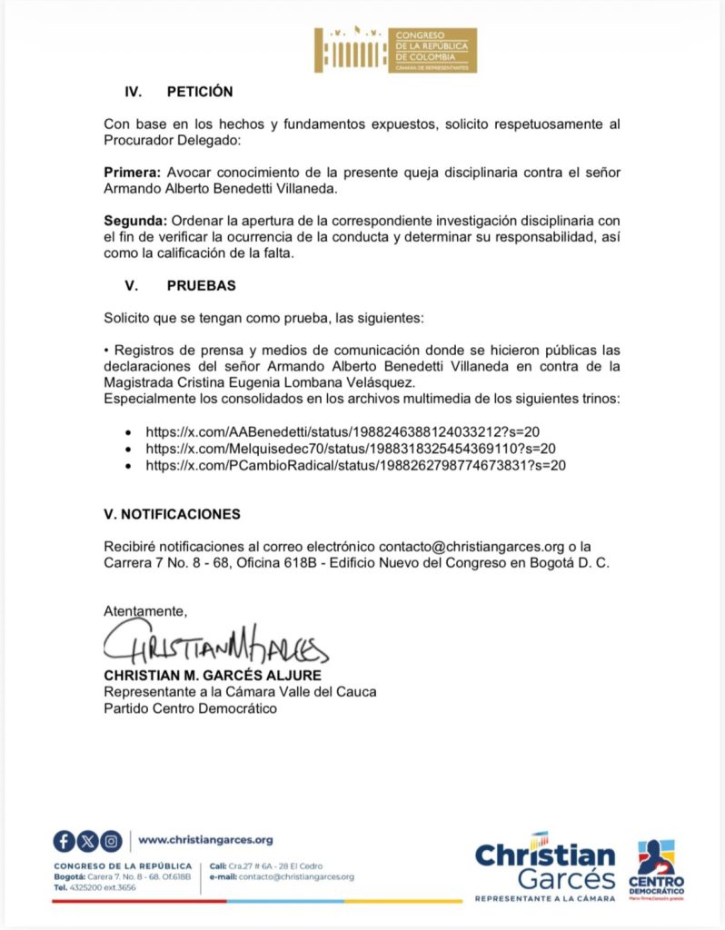 Representante Christian Garcés denuncia ante la Procuraduría al ministro Armando Benedetti 2 G5gFXQQW0AA lQb