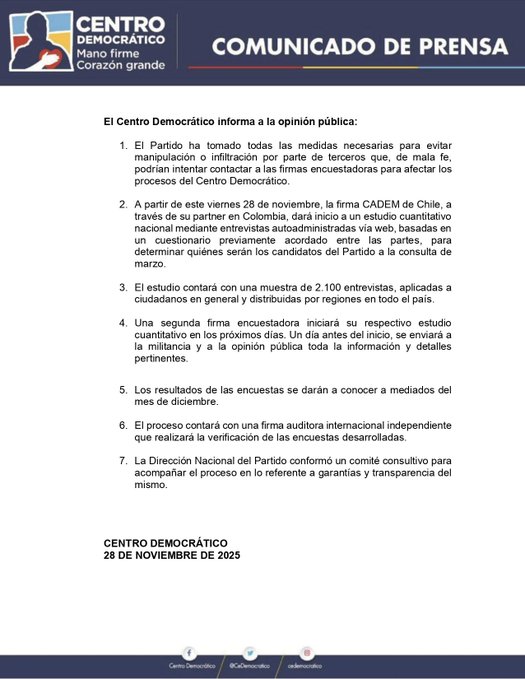 Partido Centro Democrático define su lista mediante encuestas externas 1 G62UuRbWMAAs7s7
