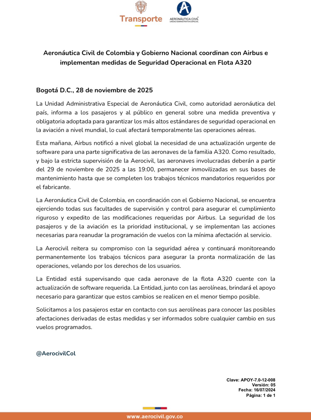 AeroCivil ordenó inmovilizar todas las aeronaves Airbus A320 desde este sábado por actualización urgente 1 G64AvWaXQAA00BN