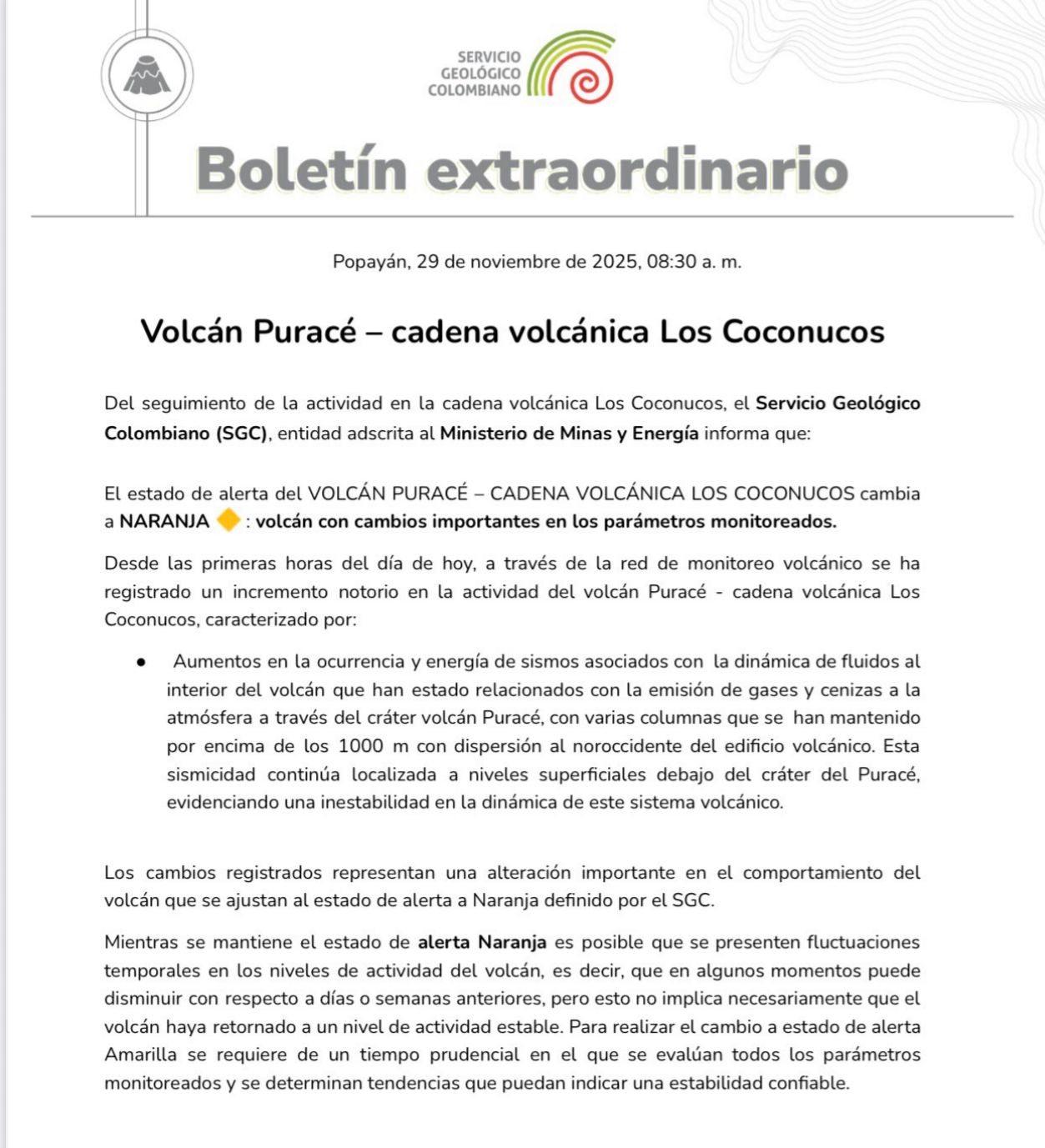 Volcán Puracé pasa a alerta naranja por fuerte incremento en su actividad 1 G67bz1hWYAA5YSl