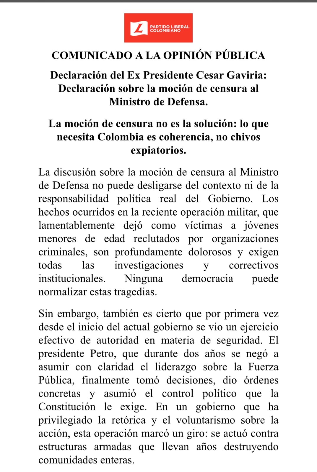 Gaviria sorprende al Partido Liberal: se “suma” al Centro Democrático y rechaza moción contra Sánchez 1 G6Mq3S6W8AA9cJy