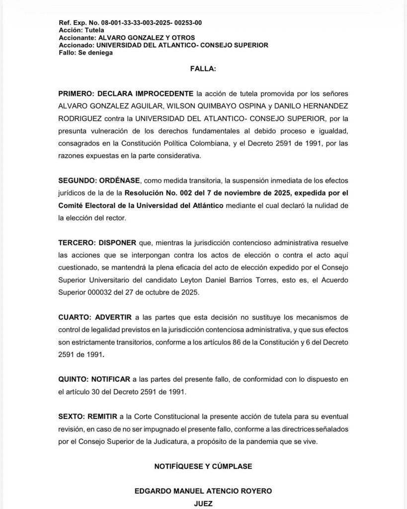 Juzgado suspende resolución que anulaba elección del rector de la Universidad del Atlántico 2 bd40d492 f5b0 41a7 bb9d 01bb7e2f3dcd