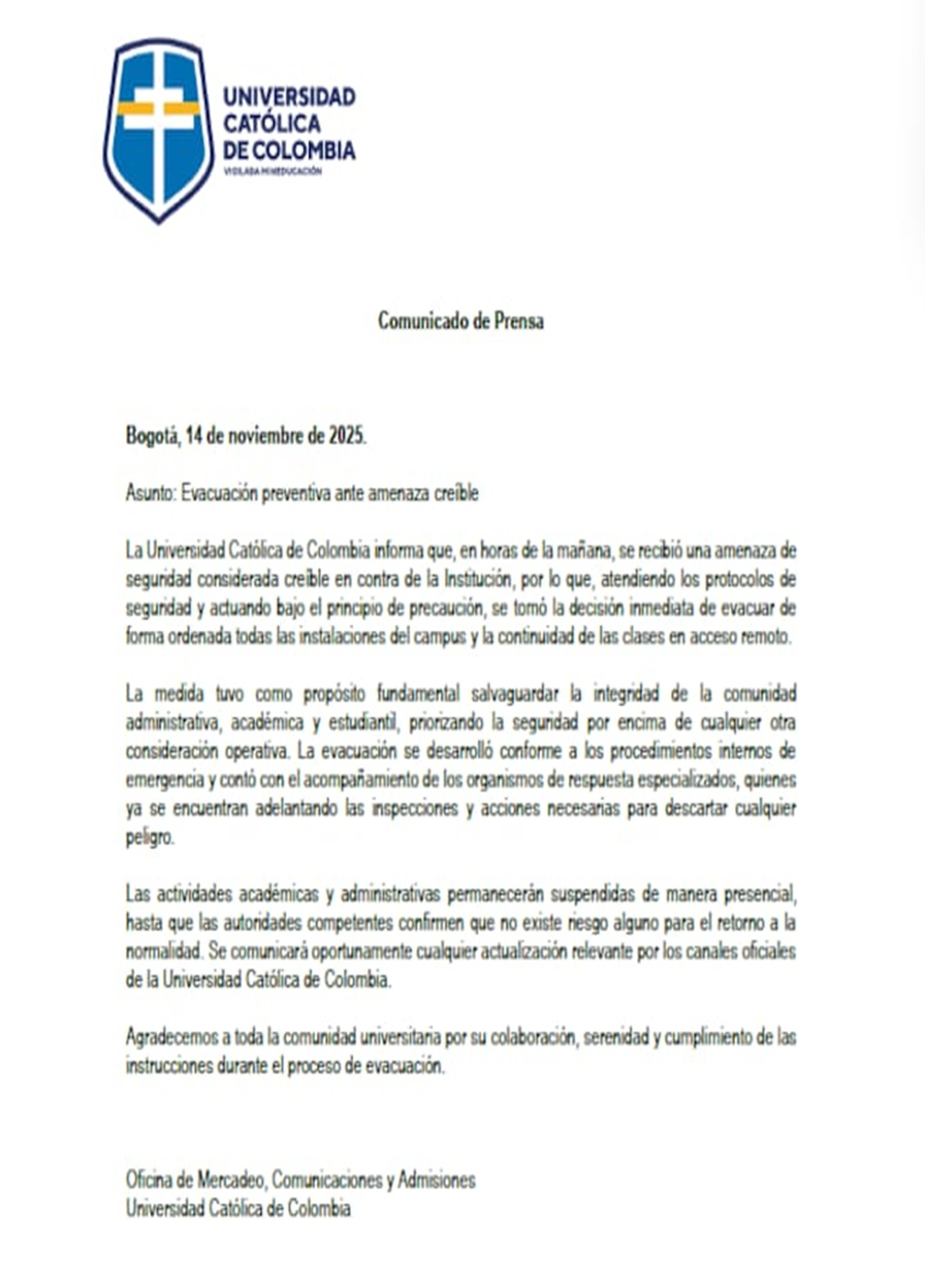 Universidad Católica de Colombia ordena evacuación preventiva por amenaza considerada creíble 1 c411671c ebd1 4235 957e ea3e8a09469d 135