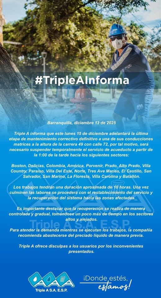 Corte de agua este lunes 15 de diciembre: estos barrios del norte y centro de Barranquilla estarán sin servicio 1 600108973 883430557359840 7979751219166618353 n