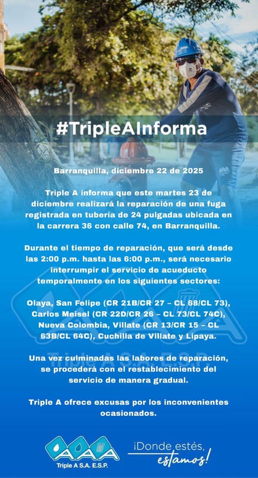 Triple A anuncia suspensión temporal del servicio de agua este martes en varios barrios de Barranquilla 1 603704142 1318409803662041 4687478100351563074 n 1
