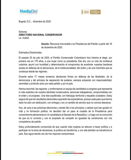 Nadia Blel renuncia irrevocablemente a la presidencia del Partido Conservador para enfocarse en su campaña al Senado 1 G74y2 bXMAA4y34
