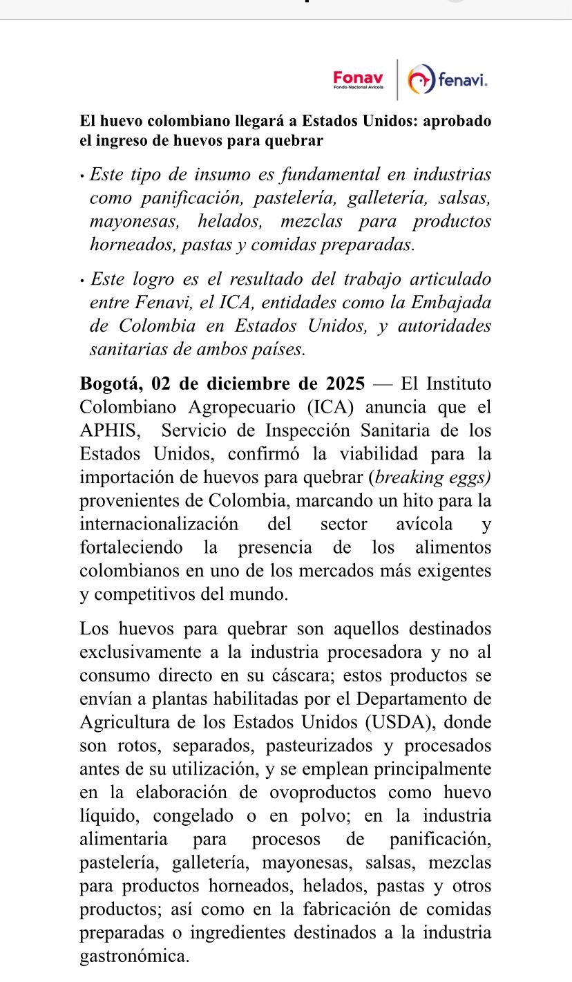 Huevo colombiano obtiene luz verde para ingresar al mercado de Estados Unidos 1 G7KLs7sXkAEi kr