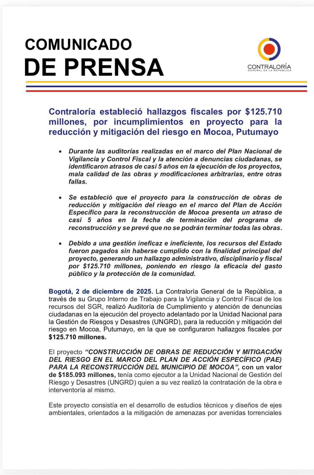 Contraloría revela hallazgos fiscales por $125 mil millones en obras fallidas de mitigación del riesgo en Mocoa 1 G7KN5l7XMAA Ovl