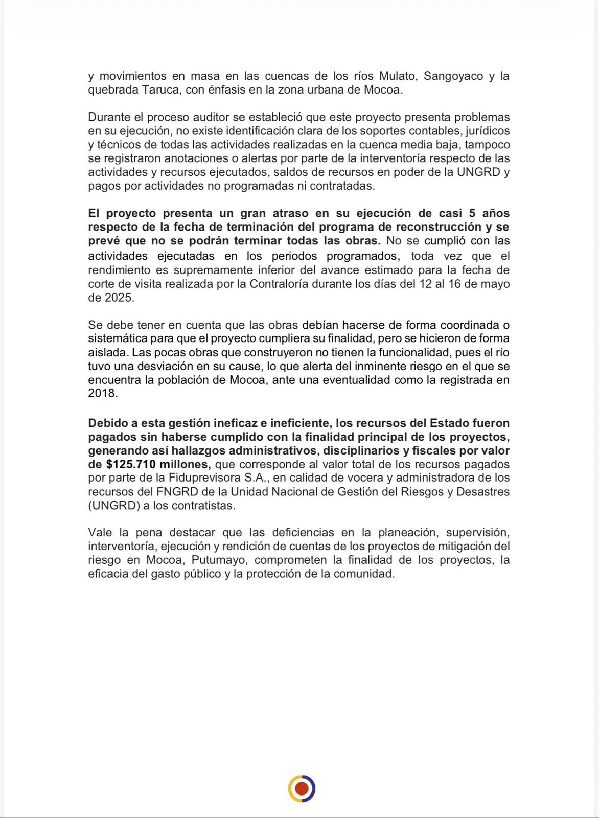 Contraloría revela hallazgos fiscales por $125 mil millones en obras fallidas de mitigación del riesgo en Mocoa 2 G7KN8RdW0AEnwaE