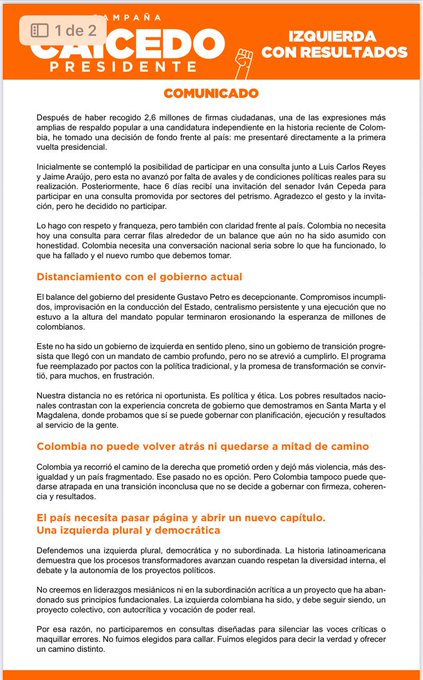 Carlos Caicedo se desmarca de la consulta del Pacto Amplio y propone renovar la izquierda en Colombia 1 G83hyEvWoAMfuNk