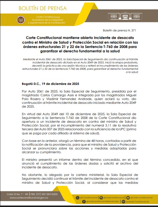Corte Constitucional mantiene incidente de desacato contra MinSalud por incumplir reajuste de la UPC 1