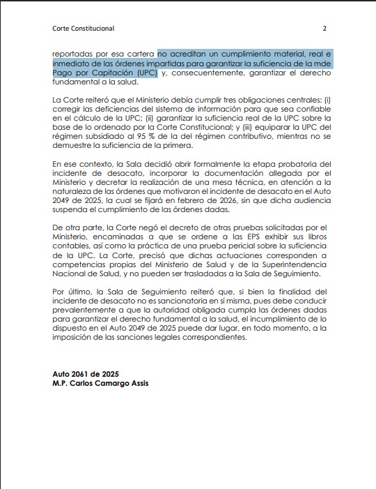 Corte Constitucional mantiene incidente de desacato contra MinSalud por incumplir reajuste de la UPC 2