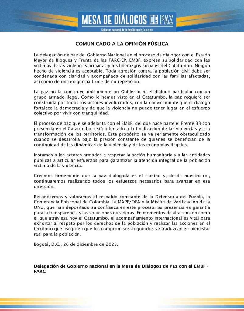 Delegación de paz del Gobierno condena ataques a civiles en el Catatumbo y expresa solidaridad con las víctimas 1 G9IJYXRXUAEBJYI