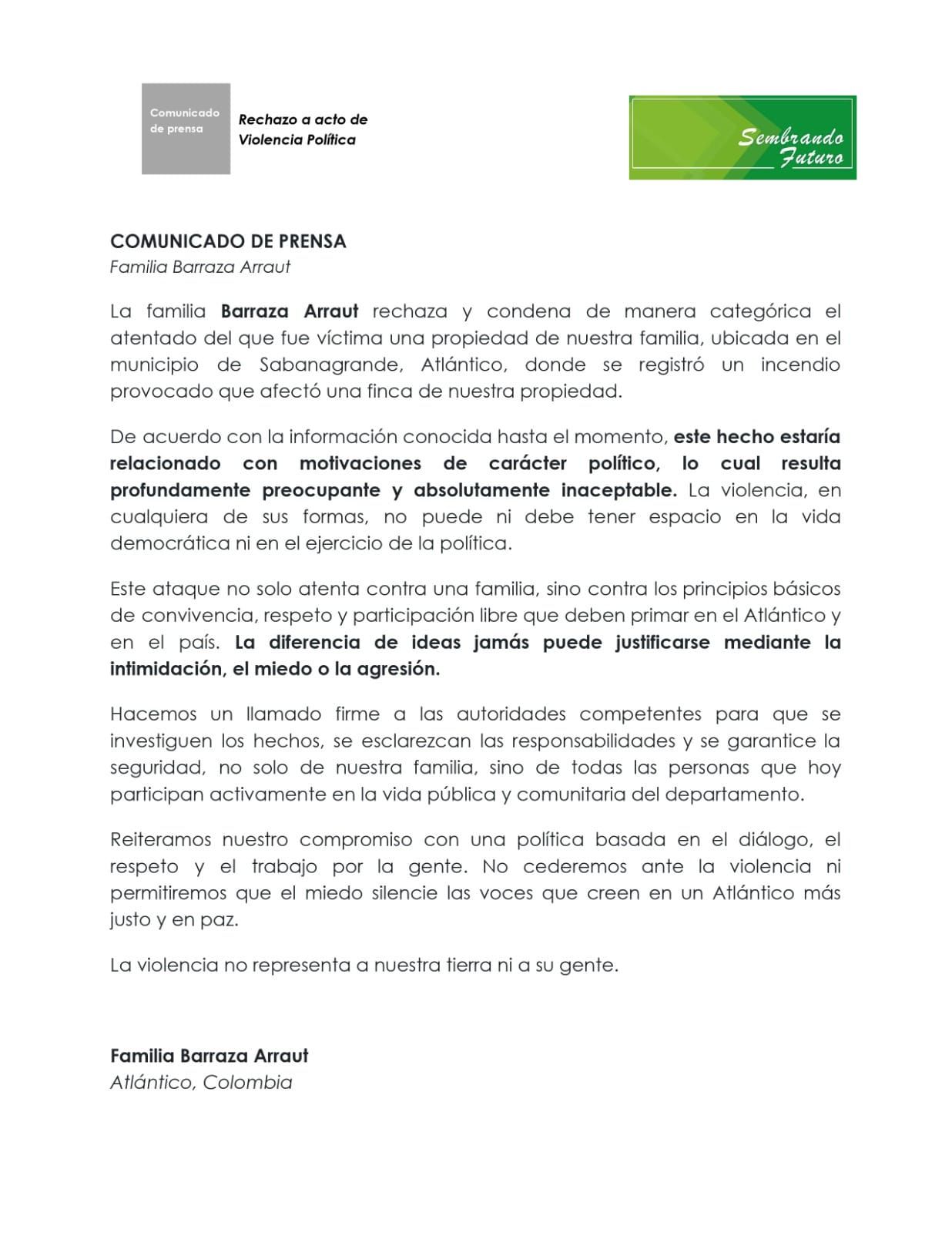 Familia Barraza Arraut denuncia posible ataque “político” tras incendio en finca de Sabanagrande 1 Comunicado
