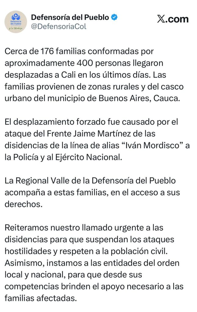176 familias desplazadas del Cauca llegan a Cali tras ataque de disidencias 1 G ElGSbWUAAeSmy 1