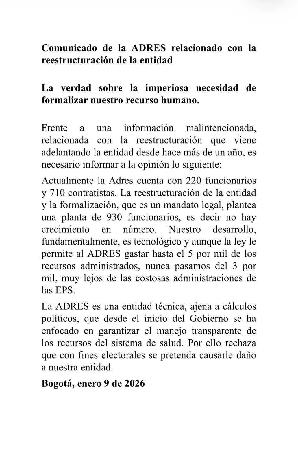 ADRES responde a cuestionamientos por eventual ampliación de su planta de personal 1 G Oa7ucX0AA Mhu